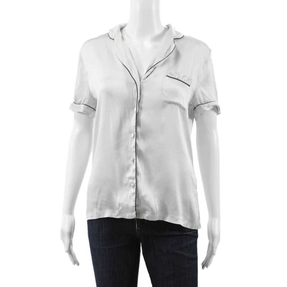 Journelle Women Basic Silk Collared Short Sleeve Pajama Top White Size S